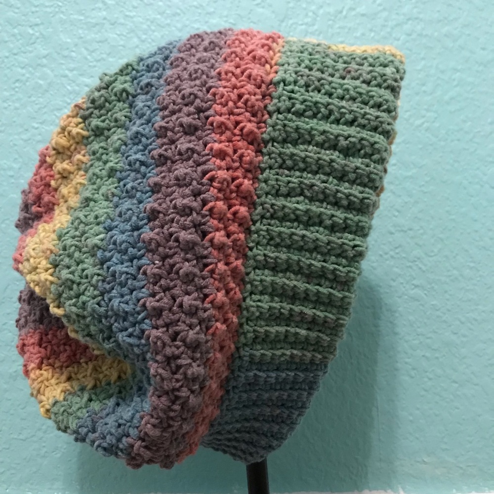 Slouchy crochet rainbow beanie